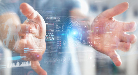 Poster - Businessman using digital technological interface with datas 3D rendering