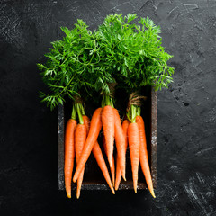 Fresh carrots on a black stone background. Top view. Free space for your text.