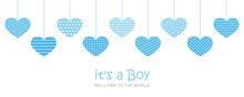 Its A Boy Welcome Greeting Card For Childbirth With Hanging Hearts Vector Illustration EPS10