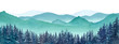霧の山々と針葉樹林の風景パノラマ。水彩イラスト