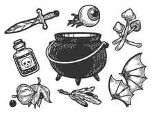Magical Fabulous Witch Ingredients Items Sketch Engraving Vector Illustration. Scratch Board Style Imitation. Hand Drawn Image.
