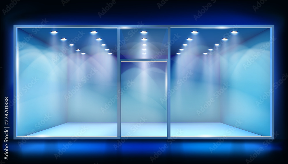 Empty shop interior. Blue background. Place for the exhibition. Vector ...