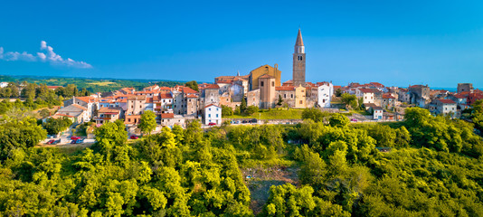 Old stone town of Buje on green hill panoramic view