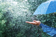 Hand and blue umbrella under heavy rain against nature background. Rainy weather concept.