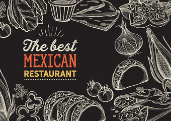 Wall Mural - Mexican food illustrations - burrito, tacos, quesadilla for restaurant.