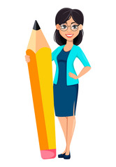 Wall Mural - Back to school. Teacher woman cartoon character