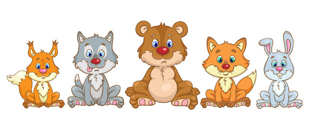 Poster - Forest dwellers. Teddy bear, wolf cub, little fox, rabbit and squirrel are sitting in a clearing.   In cartoon style. Isolated on white background.