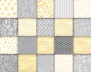 Wall Mural - Abstract hand drawn geometric simple minimalistic seamless patterns set. Black and white, golden background collection. Polka dot, stripes, waves, random symbols textures. Vector illustration