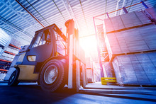 Forklift Loader In Storage Warehouse Ship Yard. Distribution Products. Delivery. Logistics. Transportation.