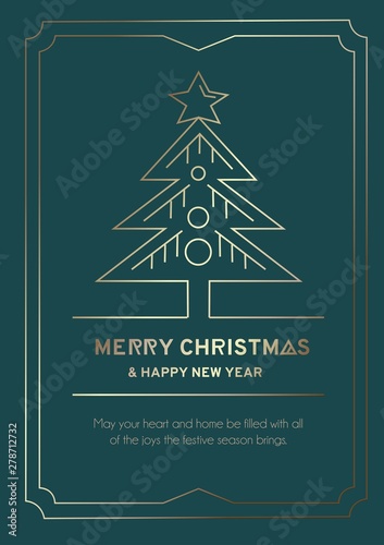 Linear Retro Christmas Greeting Card With Gold Lines And Christmas Tree Merry Christmas And Happy New Year Poster Or Invitation Template In Line Art Style And Green Background Vector Illustration Stock Vector adobe stock