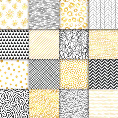 Wall Mural - Abstract hand drawn geometric simple minimalistic seamless patterns set. Black and white, golden background collection. Polka dot, stripes, waves, random symbols textures. Vector illustration