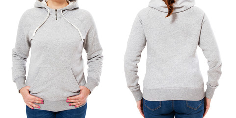 Blank grey sweatshirt mock up set isolated, front and back view. Woman wear grey hoodie mockup. Plain hoody design presentation. Textile gray loose overall model. Pullover for print