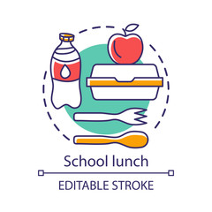 Poster - School lunchtime, meal break concept icon. Catering advertising idea thin line illustration. Milk bottle, lunch box, apple, and plastic cutlery vector isolated outline drawing. Editable stroke