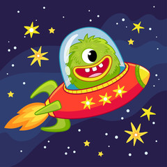 Alien monster flying in a spaceship. Vector illustration in cartoon style on the space theme.