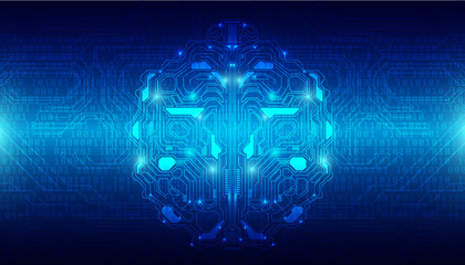 Poster - Brain Futuristic Element Circuit Board With Encoder And Decoder Binary Code Vector Background. Virtual Blue Abstract AI Brainstorm  Digital Data Security Technology Illustration.