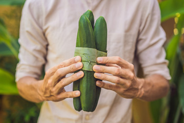 Eco-friendly product packaging concept. Cucumber wrapped in a banana leaf, as an alternative to a plastic bag. Zero waste concept. Alternative packaging