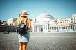 © Vasily Makarov - Summer hot vacation Europe Spain Mallorca Palma holiday travel tourism architecture - young beautiful Caucasian walking  attractive young girl with hat and backpack in front of the city castle