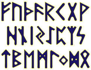 Wall Mural - Scandinavian runes blue letters with a yellow outline on a white background