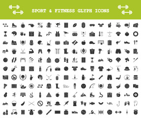 Poster - Sport and fitness glyph icons big set. Healthy lifestyle. Gym, workout training, exercises. Outdoor activities, team sports. Fishing, hiking, camping. Silhouette symbols. Vector isolated illustration