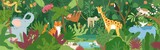 Adorable exotic animals in tropical forest or rainforest full of palm trees and lianas. Flora and fauna of tropics. Cute funny inhabitants of African jungle. Flat cartoon colorful vector illustration.