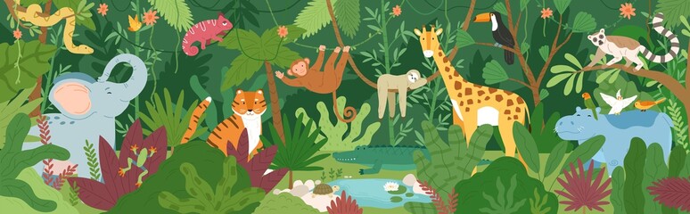 adorable exotic animals in tropical forest or rainforest full of palm trees and lianas. flora and fa
