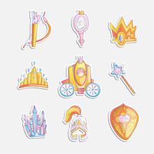 Cute Girl Princess Icon Set. Collection Of Cute Princess Stickers With Crystall, Magic Wand, Helm And Shield With Brougham. Princess And Warriors Cartoon Stickers