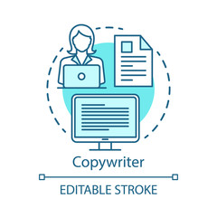 Copywriter blue concept icon. Content creator, marketer idea thin line illustration. Text writing, advertisement creation.Digital marketing specialty. Vector isolated outline drawing. Editable stroke