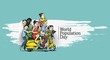 © Redshinestudio - World Population Day, 11 July, Happy with his family sitting on scooter- Hand Drawn Sketch Vector illustration.