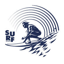 Surfer On Ocean Wave. Vector Retro Emblem. Black And White Round Composition On The Topic Wild Waves