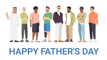 Happy Fathers Day Vector Banner Template. Cheerful Men, Daddies Celebrating Family Holiday. Handicapped Dad Happy With Equal Opportunities. Greeting Card, Postcard, Poster Design Layout