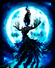 An Ominous Witch In A Torn Dress Hovers In The Air Majestically Spreading Her Arms , Behind  The Background Of The Huge Full Moon .