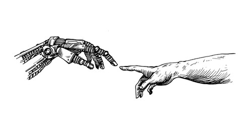 hands of robot and human hands touching with fingers, virtual reality or artificial intelligence tec
