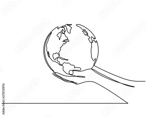 Continuous Line Drawing Of Hands Holding Earth Globe Vector
