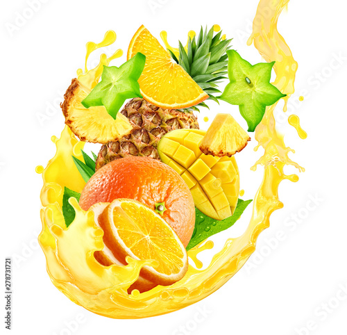 orange pineapple mango fruit juices liquid 3d splash mix healthy fruits juice or smoothie splash label ad banner design with orange pineapple mango fruits and juice splash wave isolated on white orange pineapple mango fruit juices