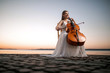 Girl in a white dress playing the cello on the shore of the lake, after sunset. There is a place for text, perfect for a cover or poster, advertising or signage.