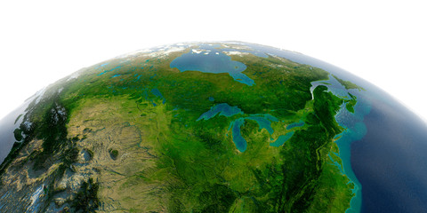 Wall Mural - Detailed Earth on white background. North America. United States and Canada. Great Lakes.