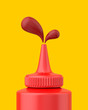 Close-up ketchup squeeze bottle squirting on a yellow background. 3d render. Front view. Conceptual Scenes Series.