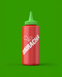 Sriracha squeeze bottle on a green background. 3d render. Front view. Conceptual Scenes Series.