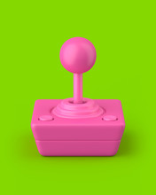Pink Retro Joystick On A Green Background. 3d Render. Angled View. Kitsch Art Series.