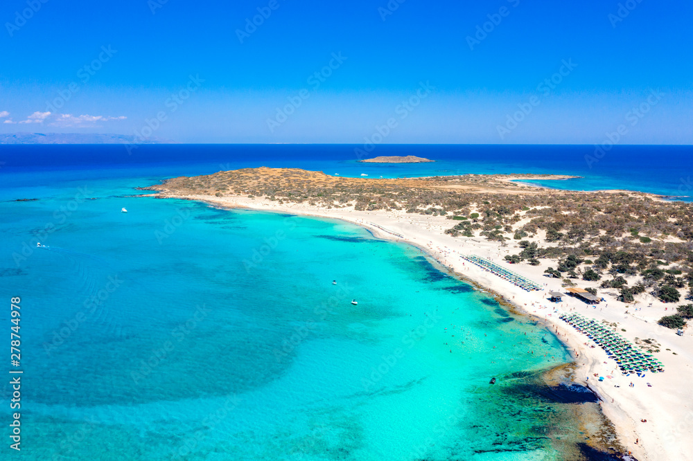 Aerial view of the exotic Chryssi island at the south of Crete, with the amazing Golden Beach, Greece - obrazy, fototapety, plakaty 