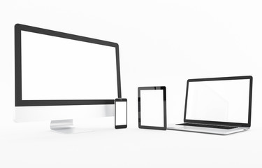 Wall Mural - Computer, laptop, smartphone, display. on white background workspace mock up design illustration 3D rendering