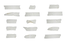 Strips Of Clear Masking Tape. Set Of Various Adhesive Tape Pieces Isolated On White Background. Paper Tape Texture. Wrinkled Sellotape.
