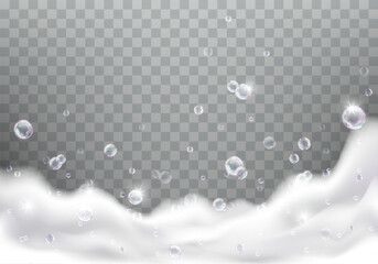 Poster - bath foam realistic vector illustration on transparent background. white soap suds with rainbow air 