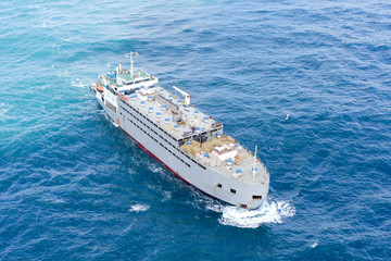 livestock carrier ship at sea - aerial image.