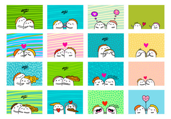 Leinwandbilder - Big love set, cards posters for valentine's day. Happy couples together. Sweet hand drawn illustrations