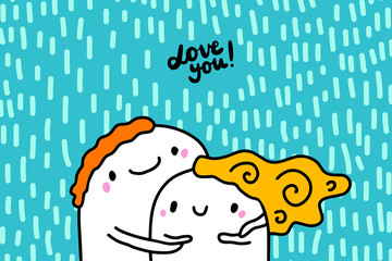 Leinwandbilder - Love you hand drawn vector illustration in cartoon style with happy couple, textured background, vibrant colors, valentine's day card