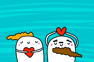 Leinwandbilder - Love you hand drawn vector illustration in cartoon style with happy couple, textured background, vibrant colors, valentine's day card