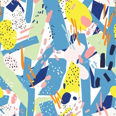 Poster - Geometric seamless pattern with vibrant chaotic abstract marks, dots, scribble, blotches. Modern backdrop. Creative vector illustration in contemporary art style for wrapping paper, fabric print.