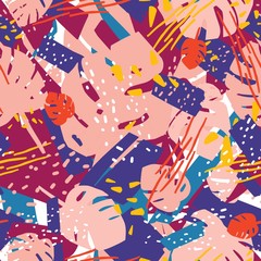 Poster - Natural seamless pattern with tropical jungle foliage or exotic monstera leaves and chaotic abstract stains. Motley vector illustration in modern style for wrapping paper, textile print, wallpaper.
