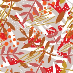 Poster - Abstract botanical seamless pattern with foliage or leaves and chaotic abstract stains or smears. Modern vector illustration in contemporary art style for wrapping paper, fabric print, wallpaper.